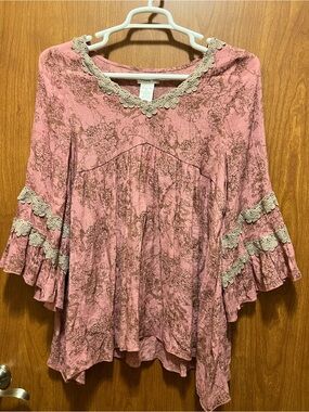 Womens Pink Lace-Trim Bell Sleeve Top